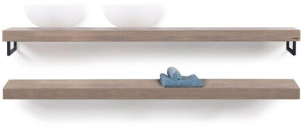 Looox Wood collection Wooden shelf 200cm old grey eiken hdh. Mat zwart eiken old grey wbduo200mz Massief hout