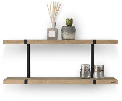 Looox Wood wandplank duo 80x28x15cm met mat zwart ophanging eiken old grey/mat zwart WWSDUO80MZ