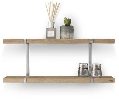 Looox Wood wandplank duo 80x28x15cm met RVS geborsteld ophanging eiken old grey/RVS WWSDUO80RVS