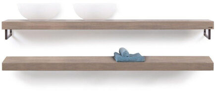 Looox Wooden Base Shelf Duo 200 cm met handdoekhouders RVS, old grey eiken wbduo200rvs Massief hout