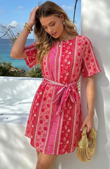 Loose Fit Jurk Satin Print Rood Roze Koraalrood/Roze