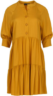 Losse donkerbruine jurk met ruches - maat Mosterdgeel