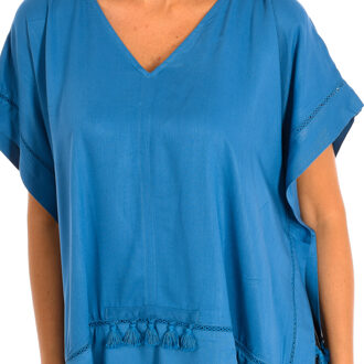 Losse poncho met V-hals kwastjes 8949 dames Blauw