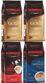 Lot de Café en Grains Kimbo - (4 Paquets de 250g)-Or 100% Arabica (x2) Expressed Neapolitan (x1) Intense Aroma (x1)