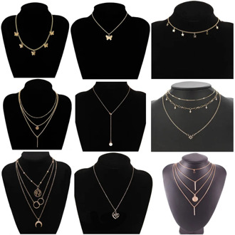 Lots Boho Multilayer Crystal Necklaces For Women Trendy Gold Silver Choker Vintage Moon Star Butterfly Pendant Necklace Jewelry