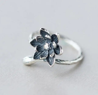 Lotus Flower 925 Sterling Silver Open Rings For Women Retro Vintage Style Lady Prevent Allergy Sterling-silver VRS2004