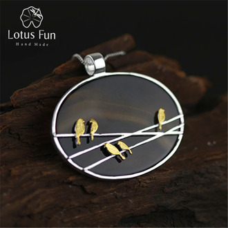 Lotus Fun Real 925 Sterling Silver Natural Agate Handmade Fine Jewelry Lovely Birds Pendant without Necklace Acessorio for Women