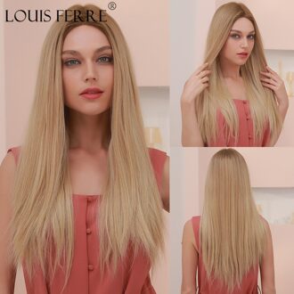 Louis Ferre Blonde Kant Voor Pruik Voor Witte Vrouwen Lange Braziliaanse Rechte Synthetische Pruik Hittebestendige Midden Deel Cospaly Pruik bl66101