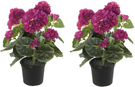 Louis Maes Geranium Kunstbloemen - 2 stuks - in pot - fuchsia - H35 cm