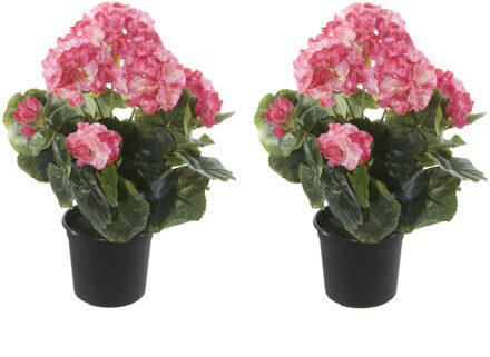 Louis Maes Geranium Kunstbloemen - 2 stuks - in pot - roze/creme - H35 cm
