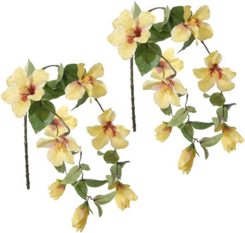 Louis Maes Hibiscus kunstbloemen - 2x - geel - hangende tak - 165 cm - zomer thema