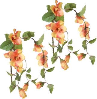 Louis Maes Hibiscus kunstbloemen - 2x - perzik - hangende tak - 165 cm - zomer thema