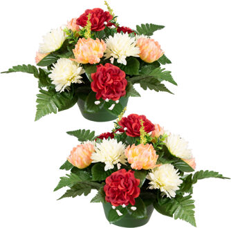 Louis Maes Kunstbloemen boeket crysanten in pot - 2x - zalm/rood/creme - D30 x H24 cm - Bloemstuk - Bladgroen