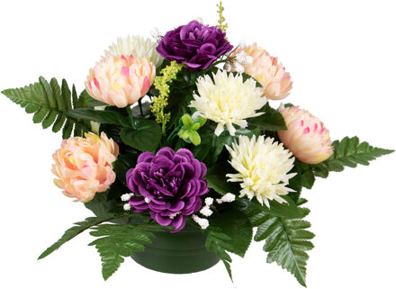 Louis Maes Kunstbloemen boeket crysanten in pot - zalm/paars/creme - 30 x 24 cm - Bloemstuk - Bladgroen