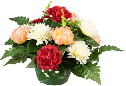 Louis Maes Kunstbloemen boeket crysanten in pot - zalm/rood/creme - D30 x H24 cm - Bloemstuk - Bladgroen Zalmroze
