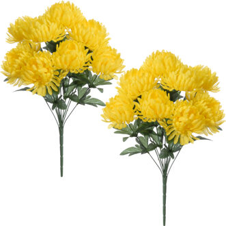 Louis Maes Kunstbloemen boeket crysanten met bladgroen - 2x - geel - H45 cm - Sierbloemen