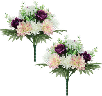 Louis Maes Kunstbloemen boeket roos/dahlia - 2x stuks - paars/creme - H36 cm - Bloemstuk - Bladgroen