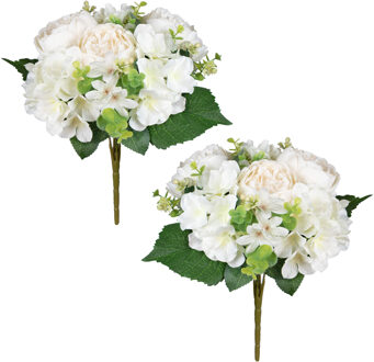 Louis Maes Kunstbloemen boeket roos/hortensia - 2x stuks - creme/wit - H39 cm - Bloemstuk - Bladgroen