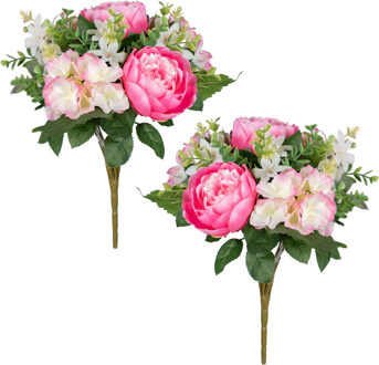 Louis Maes Kunstbloemen boeket roos/hortensia - 2x stuks - roze/cerise - H39 cm - Bloemstuk - Bladgroen