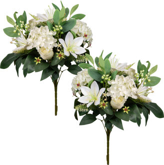 Louis Maes Kunstbloemen boeket roos/hortensia/lelie - 2x - creme/wit - H39 cm - Bloemstuk - Bladgroen
