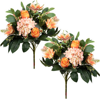 Louis Maes Kunstbloemen boeket roos/hortensia/lelie - 2x - oranje/zalm - H39 cm - Bloemstuk - Bladgroen