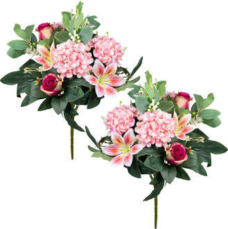 Louis Maes Kunstbloemen boeket roos/hortensia/lelie - 2x - roze/cerise - H39 cm - Bloemstuk