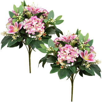 Louis Maes Kunstbloemen boeket roos/hortensia/lelie - 2x - roze/wit - H39 cm - Bloemstuk - Bladgroen