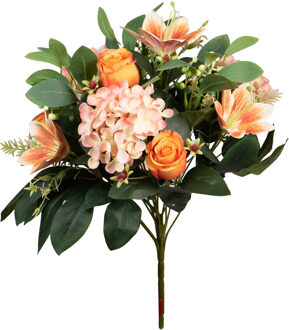 Louis Maes Kunstbloemen boeket roos/hortensia/lelie - oranje/zalm - H39 cm - Bloemstuk - Bladgroen