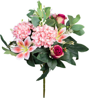 Louis Maes Kunstbloemen boeket roos/hortensia/lelie - roze/cerise - H39 cm - Bloemstuk - Bladgroen
