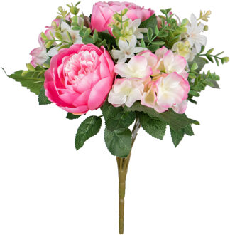 Louis Maes Kunstbloemen boeket roos/hortensia - roze/cerise - H39 cm - Bloemstuk - Bladgroen