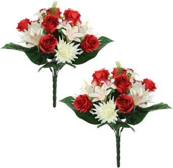 Louis Maes Kunstbloemen boeket roos/orchidee/chrysant - 2x stuks - rood/wit - H36 cm - Bloemstuk - Bladgroen