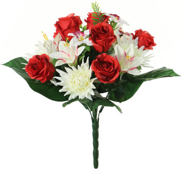 Louis Maes Kunstbloemen boeket roos/orchidee/chrysant - rood/wit - H36 cm - Bloemstuk - Bladgroen