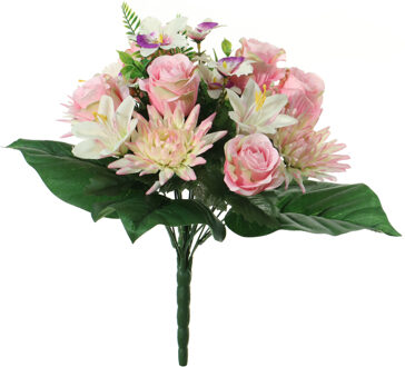 Louis Maes Kunstbloemen boeket roos/orchidee/chrysant - roze - H36 cm - Bloemstuk - Bladgroen