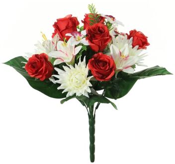 Louis Maes kunstbloemen boeket roos/orchidee/chrysantA - rood/wit - H36 cm - Bloemstuk - Bladgroen - Kunstbloemen