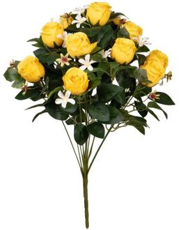 Louis Maes Kunstbloemen boeket rozen/bloesem met bladgroen - geel - H49 cm - Bloemstuk - Kunstbloemen
