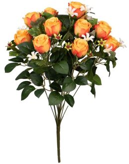 Louis Maes Kunstbloemen boeket rozen/bloesem met bladgroen - oranje - H49 cm - Bloemstuk - Kunstbloemen