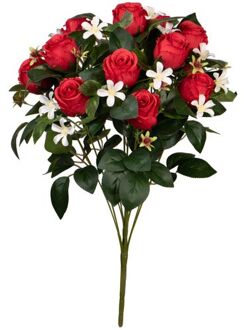 Louis Maes Kunstbloemen boeket rozen/bloesem met bladgroen - rood - H49 cm - Bloemstuk - Kunstbloemen