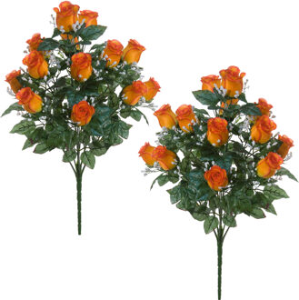 Louis Maes Kunstbloemen boeket rozen/gipskruid - 2x - oranje - H56 cm - Bloemstuk - Bladgroen - Kunstbloemen