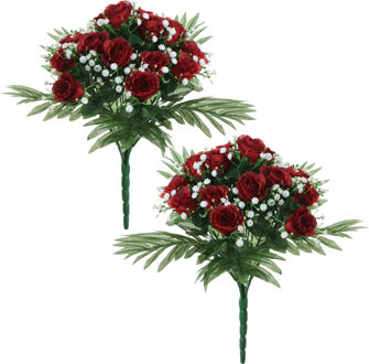 Louis Maes Kunstbloemen boeket rozen/gipskruid - 2x - rood - H36 cm - Bloemstuk - Bladgroen - Kunstbloemen