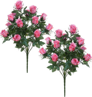Louis Maes Kunstbloemen boeket rozen/gipskruid - 2x stuks - lichtroze - H56 cm - Bloemstuk - Bladgroen