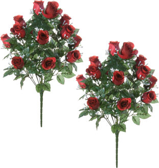 Louis Maes Kunstbloemen boeket rozen/gipskruid - 2x stuks - rood - H56 cm - Bloemstuk - Bladgroen