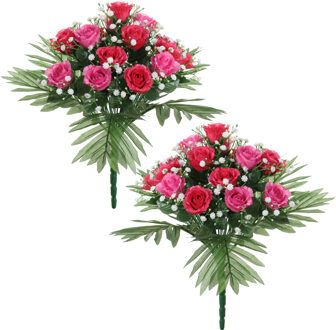 Louis Maes Kunstbloemen boeket rozen/gipskruid - 2x stuks - roze/cerise - H36 cm - Bloemstuk - Bladgroen