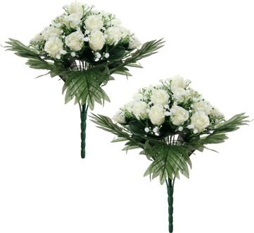 Louis Maes Kunstbloemen boeket rozen/gipskruid - 2x stuks - wit - H36 cm - Bloemstuk - Bladgroen