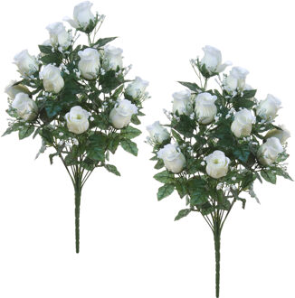 Louis Maes Kunstbloemen boeket rozen/gipskruid - 2x - wit - H56 cm - Bloemstuk - Bladgroen - Kunstbloemen