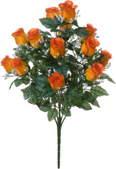 Louis Maes Kunstbloemen boeket rozen/gipskruid - oranje - H56 cm - Bloemstuk - Bladgroen - Kunstbloemen