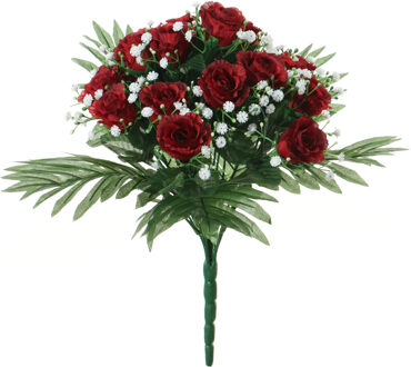 Louis Maes Kunstbloemen boeket rozen/gipskruid - rood - H36 cm - Bloemstuk - Bladgroen - Kunstbloemen