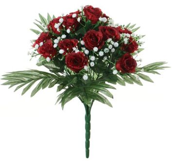 Louis Maes Kunstbloemen boeket rozen/gipskruid - rood - H36 cm - Bloemstuk - Bladgroen - Kunstbloemen