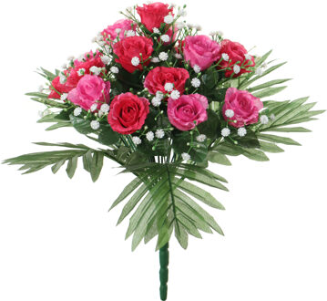 Louis Maes Kunstbloemen boeket rozen/gipskruid - roze/cerise - H36 cm - Bloemstuk - Bladgroen Donkerroze