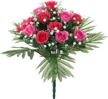 Louis Maes Kunstbloemen boeket rozen/gipskruid - roze/cerise - H36 cm - Bloemstuk - Bladgroen - Kunstbloemen