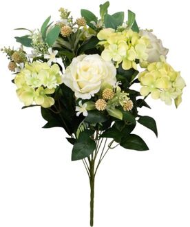 Louis Maes Kunstbloemen boeket rozen/hortensia met bladgroen - creme wit/geel - H52 cm - Bloemstuk - Kunstbloemen Crème